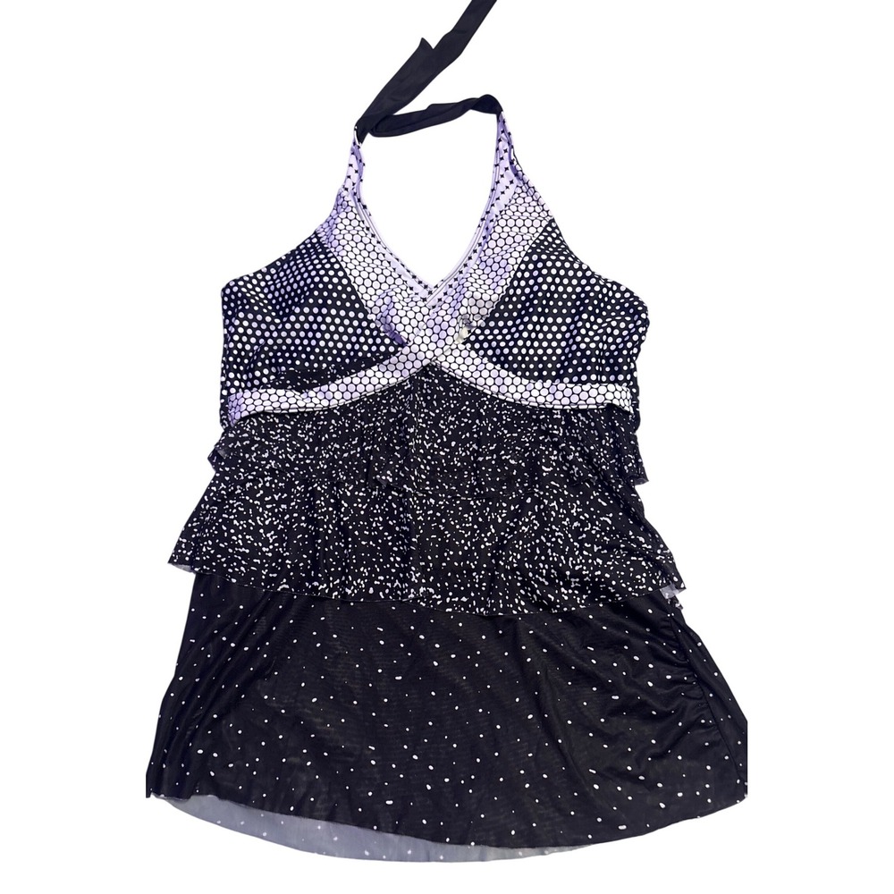 Black White Polka Dot Halter Tiered Ruffle Tankini Top Plus Size 2X